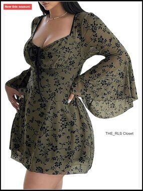 Plus Size Floral Gothic Dress Flare Long Sleeve Mesh Grunge A Line Dress
